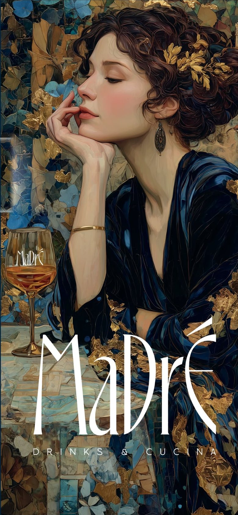 La ragazza Madrè che sogna a occhi chiusi accanto al suo calice di vino, sul mosaico blu e oro